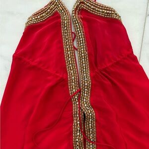 Elegant Red High-Low Dress with Beaded Detail